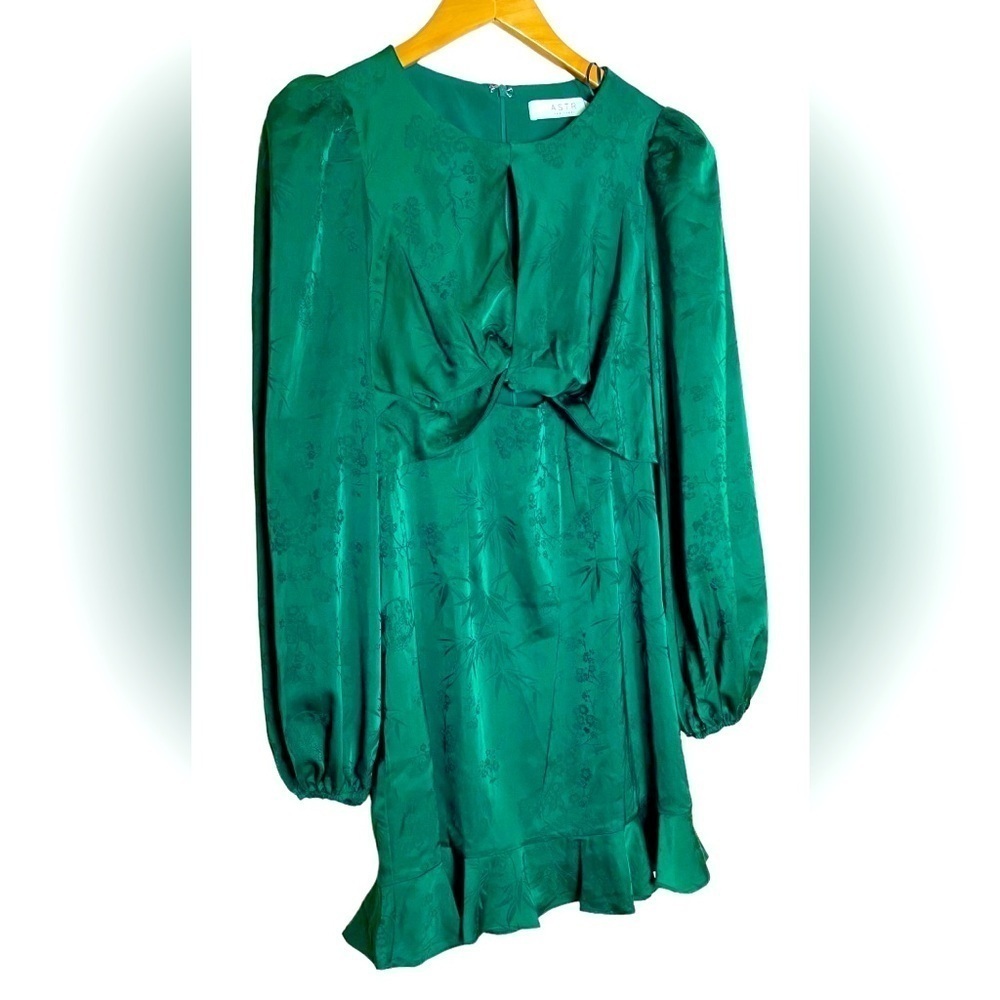 ASTR THE LABEL Satin Front Twist Cut Out Long Sleeve Puff Mini Dress, Dark Green